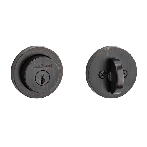 Kwikset 158RDT-11PS.STRKP Milan Round Rose SmartKey Deadbolt with 6AL Latch STRKP Strikes, KA3 Bronze