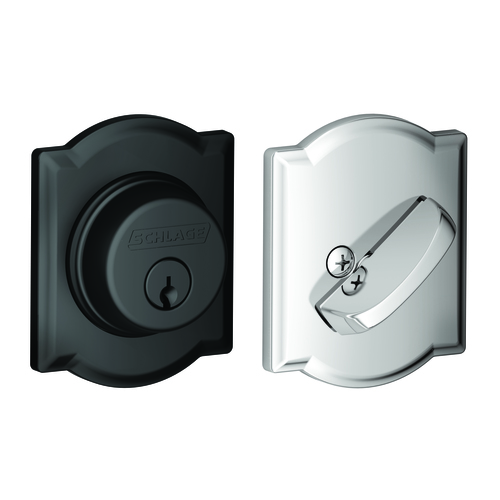 Schlage B60CAM622625 Camelot Single Cylinder Deadbolt C Keyway, Matte Black, Bright Chrome Finish