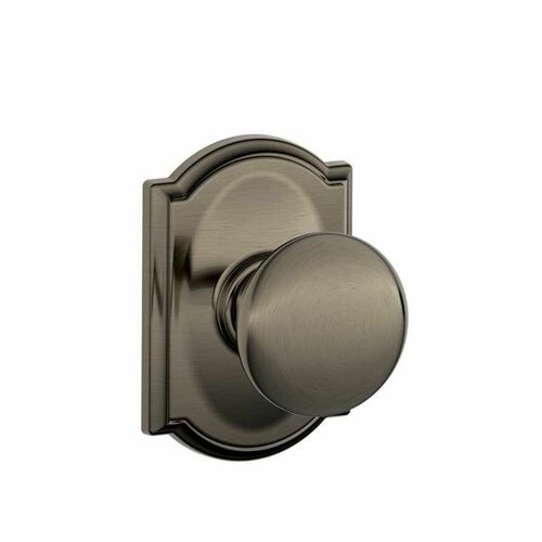 Schlage F10PLY620CAM Plymouth Passage Knob with Camelot Rose, Antique Nickel Finish
